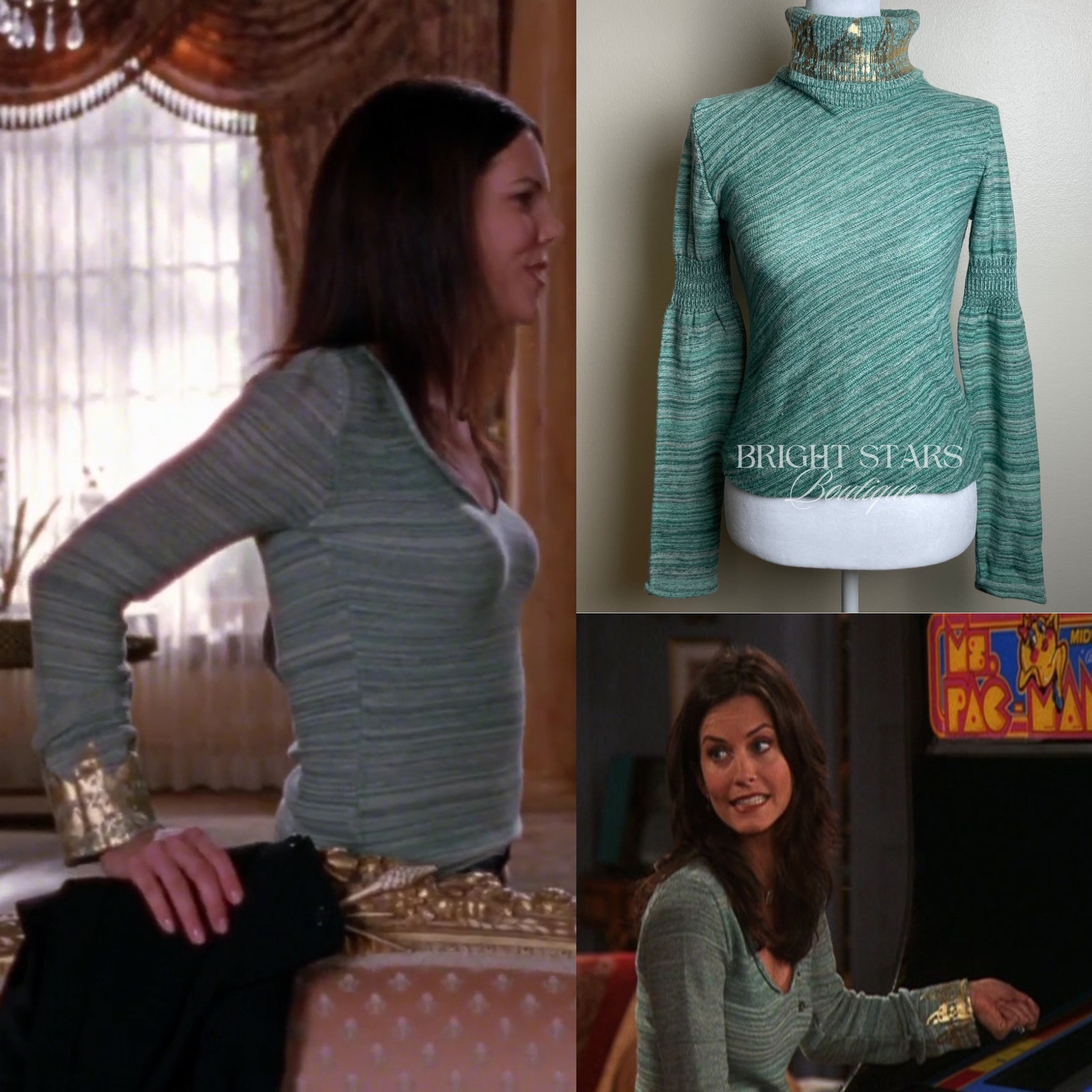 Rare Green Sweater Long Sleeve Gold Foiled Turtleneck Alt Aso Monica Lorelai